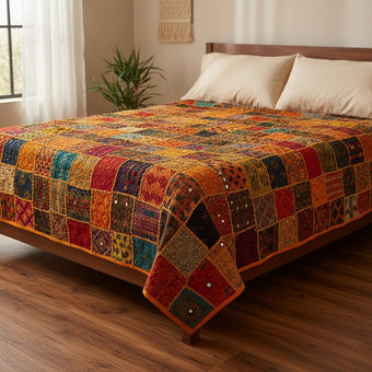 Vintage Kutch Embroidered Indian Tapestry – Orange Pink Wall Hanging