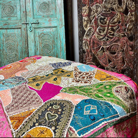 Pink Blue Embroidered Bed Throw – Indian Tapestry Headboard Decor