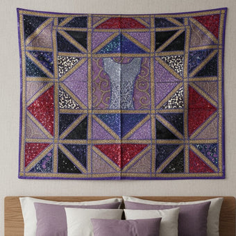 Purple Patchwork Wall Hanging – Handmade Embroidered Indian Tapestry Wall Decor