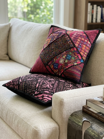 Pair of Vintage Kutch Embroidered Cushion Covers | Black & Pink Decorative Pillow Covers