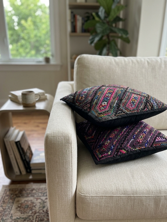 Pair of Vintage Kutch Embroidered Cushion Covers | Black & Purple Decorative Pillow Covers