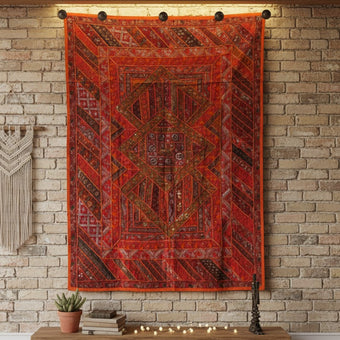 Vintage Orange Red Tapestry – Hand-Embroidered Patchwork Wall Hanging