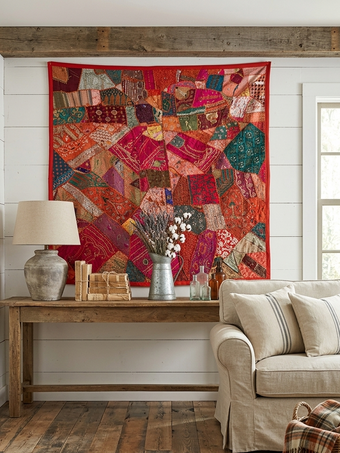 Bed Throw – Orange & Pink Vintage Sari Tapestry | Hand-Embroidered Boho Wall Décor
