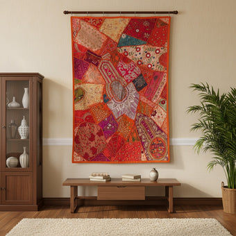 Orange Zardozi Sari Tapestry – Hand-Embroidered Patchwork Vintage Wall Throw