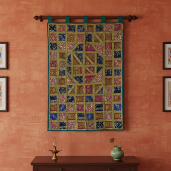 Vintage Embroidered Tapestry Wall Hanging – Boho Textile Art with Sequins Work