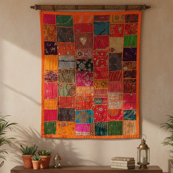 Indian Sari Tapestry Wall Hanging – Orange & Pink Embroidered Patchwork Boho Décor