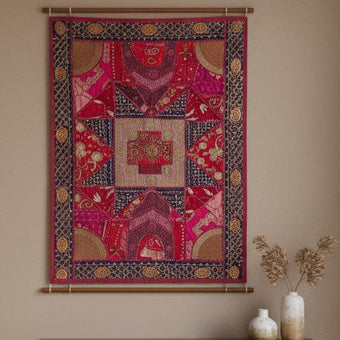 Pink Hand-Embroidered Tapestry – Bohemian Wall Hanging Art & Home Decor