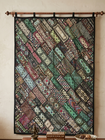 Vintage Indian Artisan Tapestry – Green Kutch Embroidered Wall Hanging & Headboard