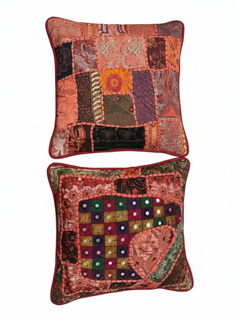 Boho Pink Multi Patchwork Cushion Covers – Vintage Sari Decorative Sofa Pillows