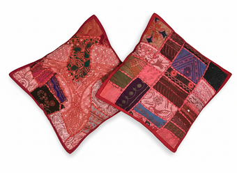 Boho Pink & Red Patchwork Cushion Covers – Handcrafted Vintage Sari Decorative Pillows
