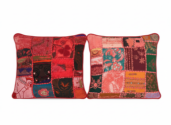 Handcrafted Boho Patchwork Cushion Covers – Vintage Sari Dark Pink & Multicolor Pillows