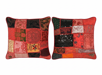 Handmade Boho Patchwork Cushion Covers – Vintage Sari Dark Red & Multicolor Pillows