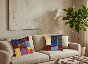 Handmade White Patchwork Cushion Covers – Vintage Sari Boho Throw Pillows for Sofa, Bed & Living Room Decor