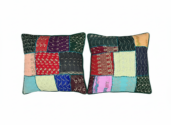 Handmade Boho Patchwork Cushion Covers – Vintage Sari Dark Green & Multicolor Pillows