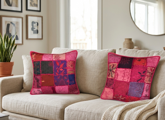 Handmade Boho Patchwork Cushion Covers – Vintage Sari Dark Pink Throw Pillows