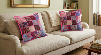 Handmade Boho Patchwork Cushion Covers – Vintage Pink Throw Pillows for Home Décor