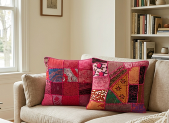 Handmade Boho Patchwork Cushion Covers – Vintage Pink Throw Pillows for Living Room