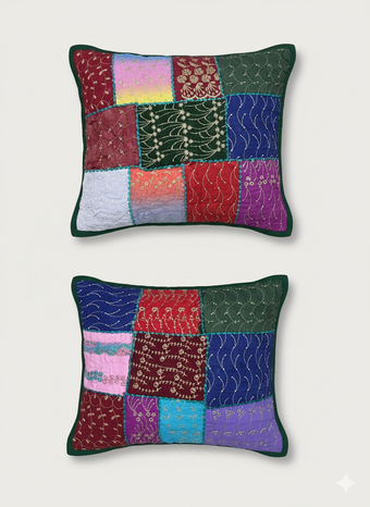 Handmade Boho Patchwork Cushion Covers – Vintage Dark Green Throw Pillows