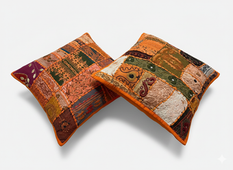 Boho Patchwork Cushion Covers – Orange Multi Decorative Throw Pillows for Living Room