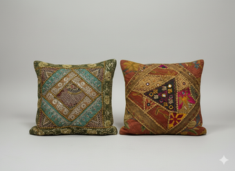 Boho Green & Beige Patchwork Cushion Covers – Handmade Decorative Throw Pillows