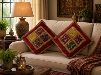 Boho Dark Red Patchwork Cushion Covers – Handmade Decorative Throw Pillows