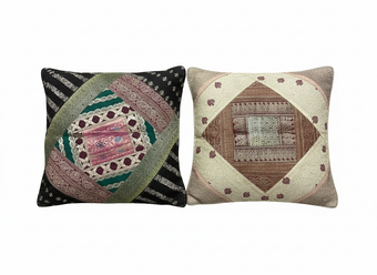 Boho Black & Beige Patchwork Cushion Covers – Handmade Vintage Sari Throw Pillows