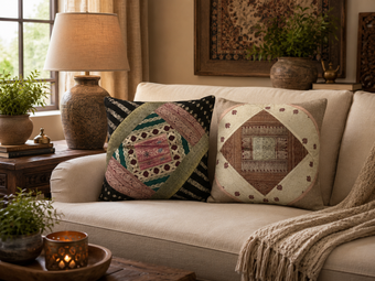 Boho Patchwork Cushion Covers – Handmade Black & Beige Throw Pillows for Modern Boho Decor