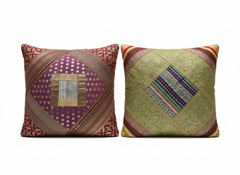 Boho Green & Red Patchwork Cushion Covers – Handmade Vintage Sari Throw Pillows