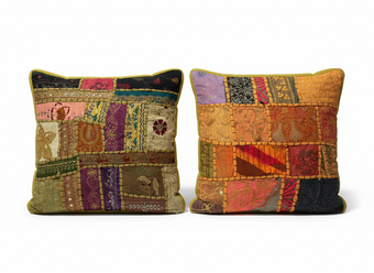Mustard Yellow Patchwork Cushion Covers – Handmade Vintage Sari Throw Pillows