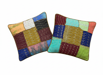 Green Multi Patchwork Cushion Covers – Handmade Vintage Throw Pillows