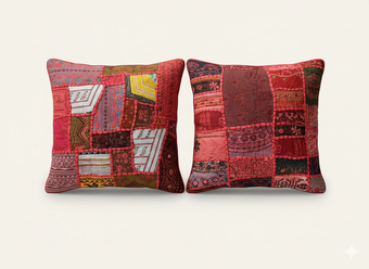 Dark Red Patchwork Cushion Covers – Bohemian Throw Pillows for Living Room