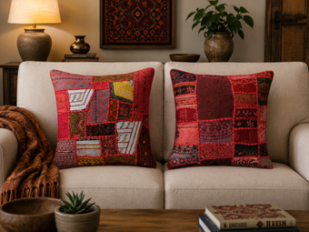 Handmade Dark Red Patchwork Throw Pillow Covers – Bohemian Cushion Covers for Sofa