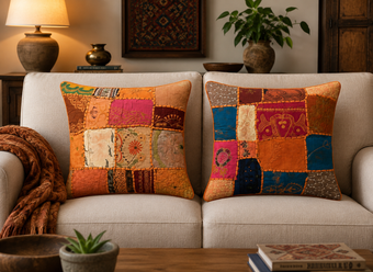 Orange Boho Patchwork Cushion Covers – Handmade Throw Pillow Covers for Living Room