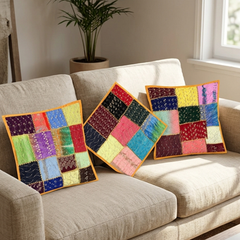 Colorful Patchwork Cushion Cover – Handmade Vintage Indian Cotton Sofa Pillow Cover