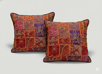 Handmade Red, Black Patchwork Cushion Covers – Bohemian Throw Pillows for Living Room Décor