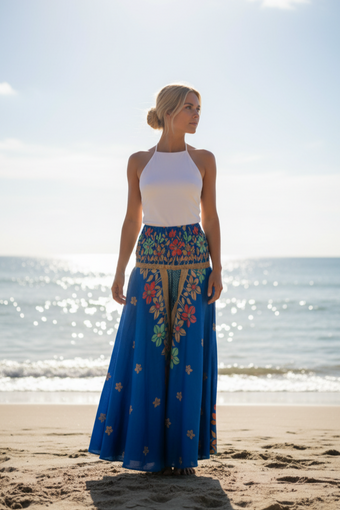 Women’s Navy Blue Boho Palazzo Pants – Handmade Flowy Wide-Leg Flared Trousers SM