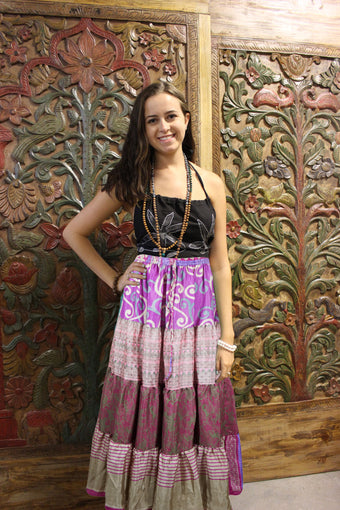 Womens Purple Floral Beach Maxi Skirt Patchwork Boho Skirts S/M