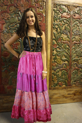 Womens Light Pink Floral Beach Long Skirt Patchwork Boho Skirts S/M