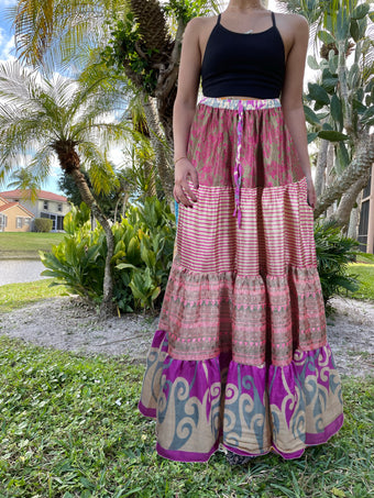 Womens Light Pink Floral Beach Long Skirt Patchwork Boho Skirts S/M