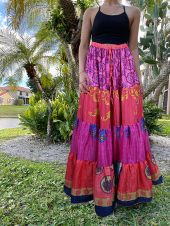 Womens Dark Pink Floral Beach Maxi Skirt Patchwork Boho Skirts S/M