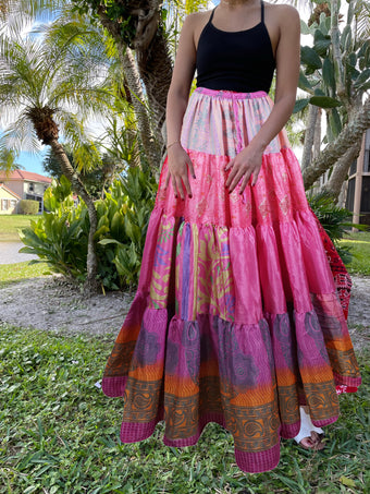 Womens Hot Pink Floral Beach Long Skirt Patchwork Boho Skirts S/M