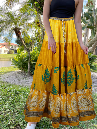 Womens Mustard Yellow Floral Patchwork Boho Maxi Skirt Beach Style S/M