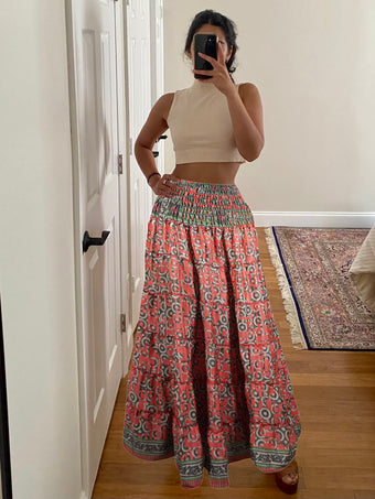 Summer Coral Pink Floral Beach Maxi Skirt Patchwork Boho Skirt Dress S/M