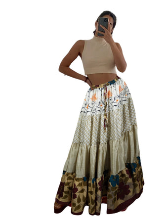 Summer Beige Multi Floral Beach Maxi Skirt Patchwork Boho Skirt Dress S/M