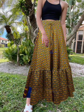 Womens Yellow Blue Floral Maxi Skirt Boho Ruffle Long Skirt ML