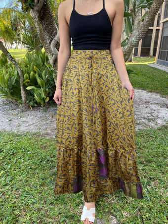 Womens Olive Green Purple Floral Maxi Skirt Boho Ruffle Long Skirt ML