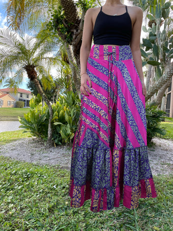 Summer Bright Pink Floral Beach Maxi Skirt Patchwork Boho Skirt Dress ML