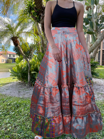 Summer Gray Red Patch Beach Maxi Skirt Patchwork Boho Skirt Dress ML