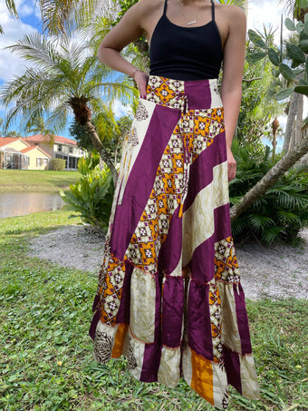 Summer Purple Floral Beach Maxi Skirt Patchwork Boho Skirt Dress M/L