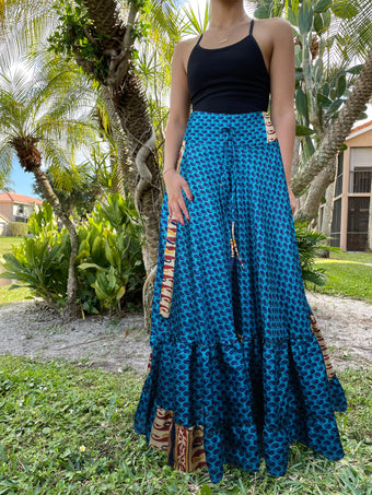 Womens Dark Blue Beach Maxi Skirt Tiered Ruffle Boho Skirt ML